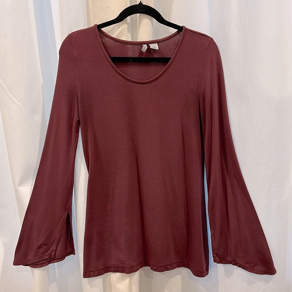 Women's Burgundy Long Sleeve Tunic Top Long Bell Slit Sleeves Medium 95% Modal
